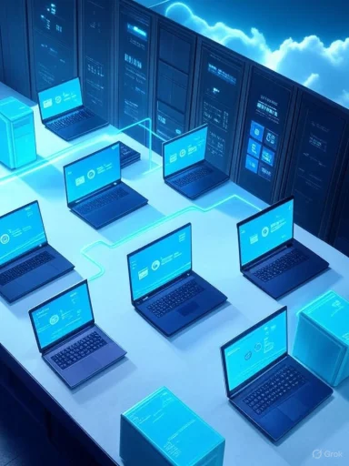 Row of laptops in a blue-lit data center, connected by glowing network cables.