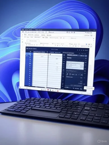 Laptop keyboard in the foreground with a monitor showing a blue-toned software interface on a blue abstract background.