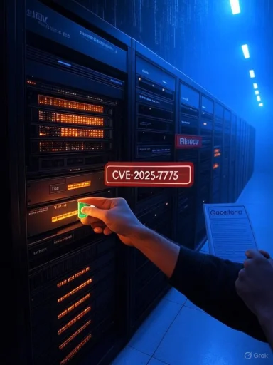 A technician inserts a card labeled CVE-2025-7775 into a server rack in a data center.