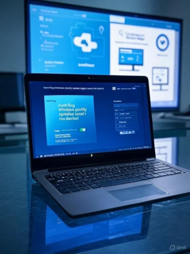 A laptop on a glass desk reflects blue light while a large monitor shows a tech dashboard.