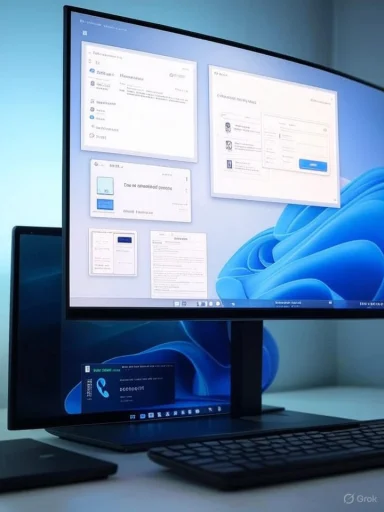 A modern desk setup with a large top monitor and a smaller bottom screen on a dual-monitor stand.