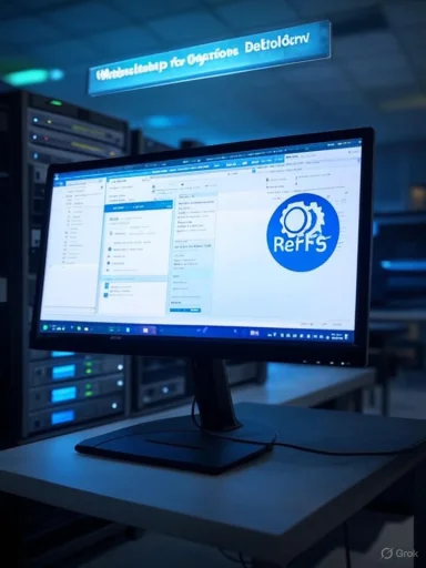 A monitor on a desk in a server room displaying a blue RefFS logo and interface.