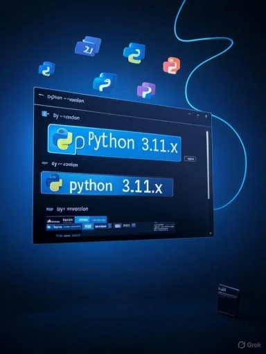 A dark blue screen shows Python 3.11.x logos with floating Python icons.