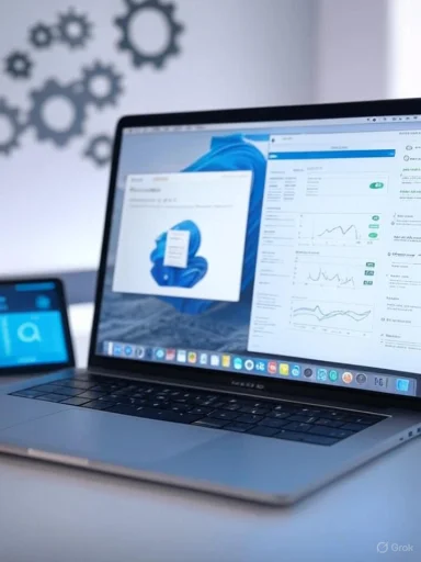 MacBook Pro displays analytics dashboards with charts on a desk, against a gear-patterned wall.