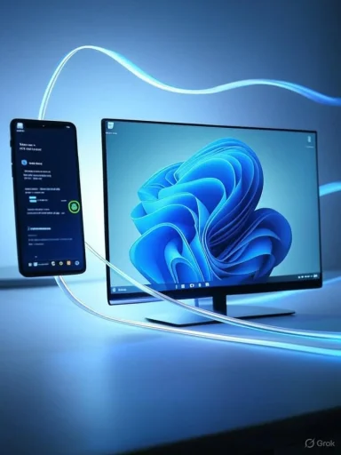 Phone and monitor connected by glowing blue cables on a blue-lit desk.