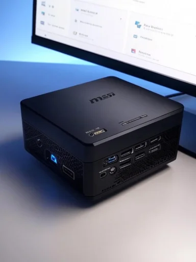 A compact black mini PC sits beside a monitor, showcasing multiple USB and HDMI ports.