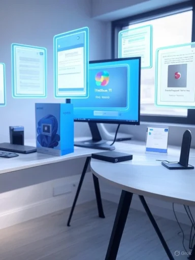 A modern tech display with holographic screens floating around a desktop setup.