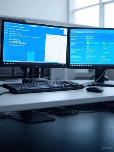 Two monitors with blue screens, keyboard, and mouse on a desk in an office.