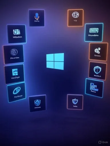 A neon-lit circular arrangement of app tiles around a glowing Windows logo.