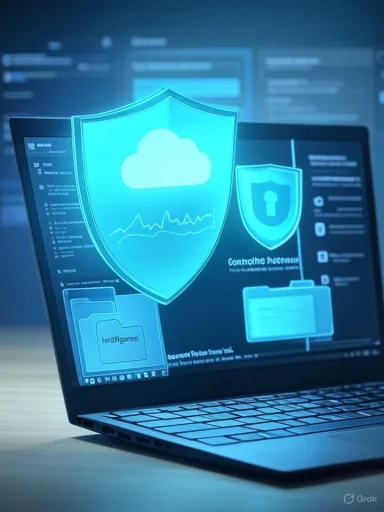 Glowing blue cloud security shield projected over a laptop screen.