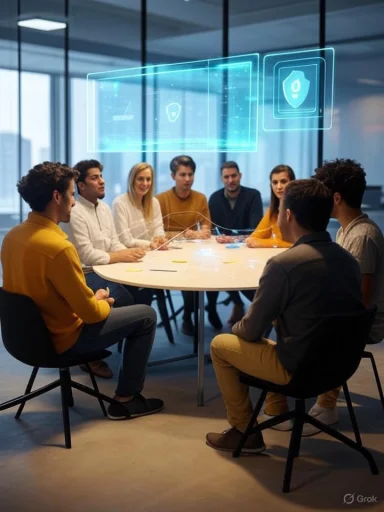 A diverse team collaborates around a round table with futuristic holographic screens. A diverse team collaborates around a round table with futuristic holographic screens.