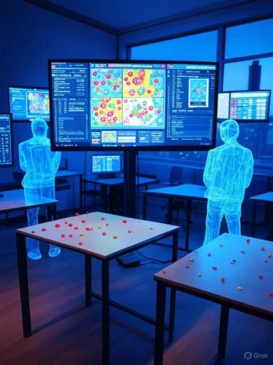 A high-tech science classroom with holographic silhouettes, a large multi-screen display, and colorful pills on tables.