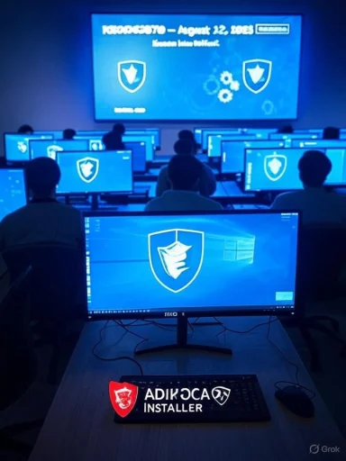 Blue-lit computer lab with rows of monitors displaying a shield emblem; an installer badge sits on the foreground desk.