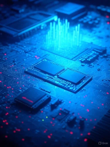 Blue-lit close-up of a computer motherboard with chips and glowing LEDs.