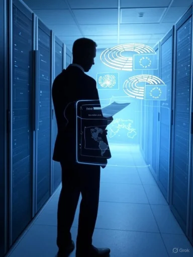 A silhouette of a businessperson in a server room, studying futuristic holographic data displays. A silhouette of a businessperson in a server room, studying futuristic holographic data displays.