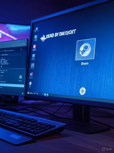 Blue-lit dual-monitor setup showing Dead by Daylight on the main screen. Blue-lit dual-monitor setup showing Dead by Daylight on the main screen.