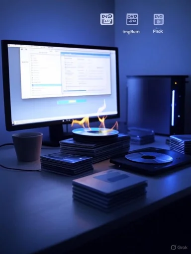 Blue-lit desk setup with a monitor, PC tower, and stacks of CDs; a disc sits on fire.