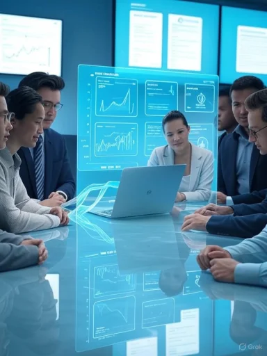 A team of professionals examines holographic data charts around a glass conference table. A team of professionals examines holographic data charts around a glass conference table.