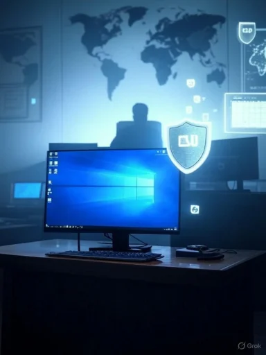 A blue-lit security lab with a computer workstation and holographic shield icons over a world map backdrop.