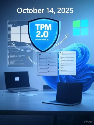 Promotional poster showing TPM 2.0 Secure Boot for Windows devices, dated Oct 14, 2025.