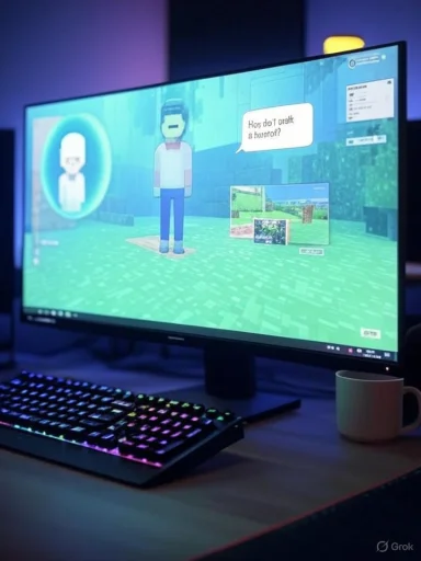 A voxel-style game shown on a monitor with a blocky avatar and chat bubble, beside a rainbow RGB keyboard and mug.