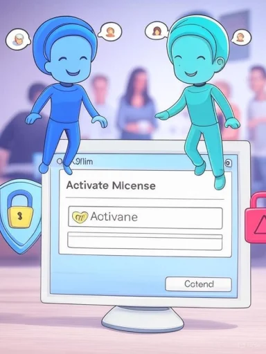 Two blue cartoon avatars celebrate activating a software license on a computer screen.