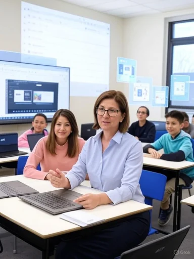 Teacher leads a computer-based class as students work at desks in a bright classroom.