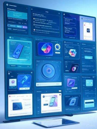 A wall of blue-lit screens displaying numerous device UI concepts.