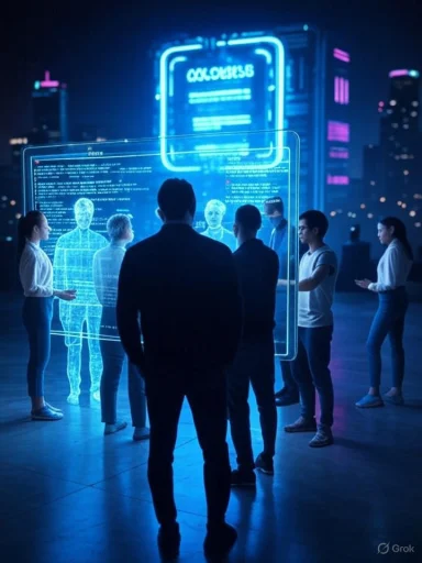 Group of people gathers around a glowing blue holographic display with hologram figures in a neon cityscape.