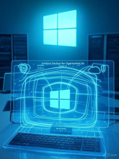 A holographic Windows projection glows from a laptop in a data center.