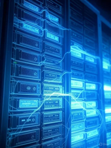 Blue-lit server racks in a data center with glowing cables.