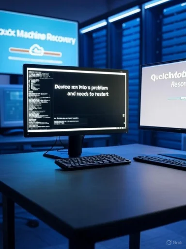 Dim server-room with multiple monitors displaying code and a system error message.