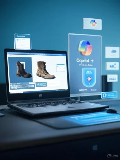 A laptop on a desk displays a boots catalog with floating holographic UI panels.