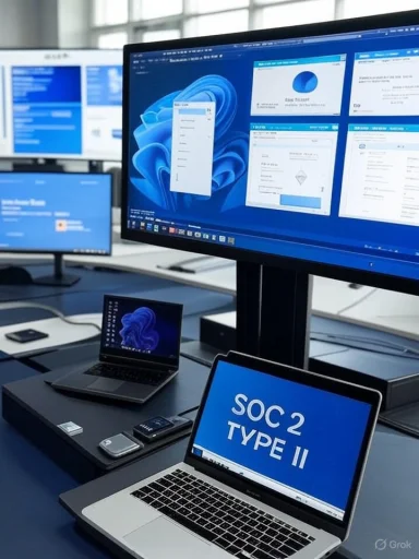 Tech workspace with multiple monitors and a laptop showing SOC 2 Type II.