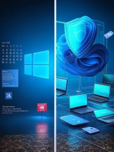 Split view: Windows desktop on the left and cloud-themed devices on the right.