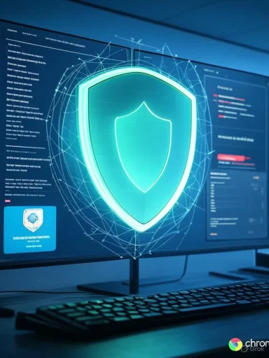 A glowing shield icon on a cybersecurity dashboard shown on a computer monitor.