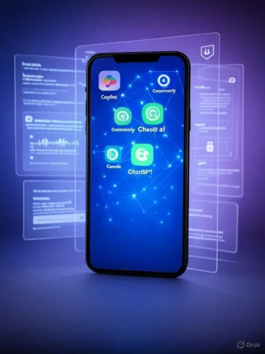 A smartphone glows blue, showing connected app icons with surrounding holographic panels.