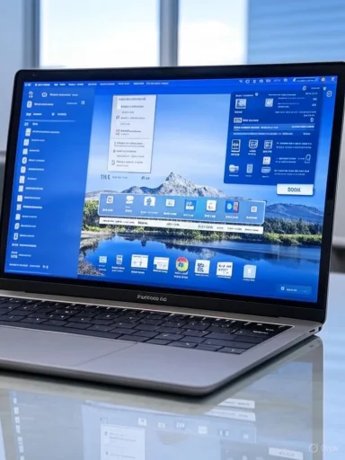 A silver laptop on a glass table displays a blue desktop with multiple windows and a mountain wallpaper.