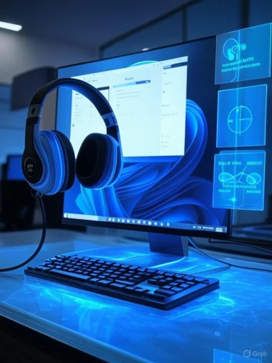 Blue-lit computer setup with headphones draped over a large monitor.