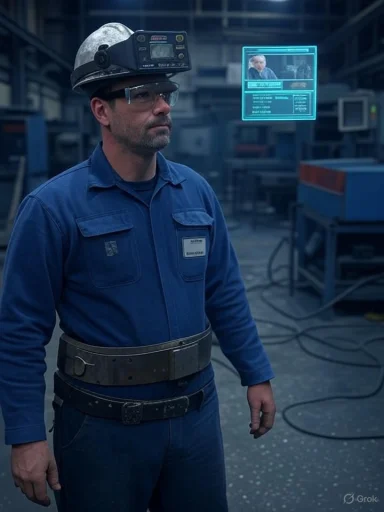 Industrial worker in blue coveralls with a head-mounted display, observing a floating holographic screen.