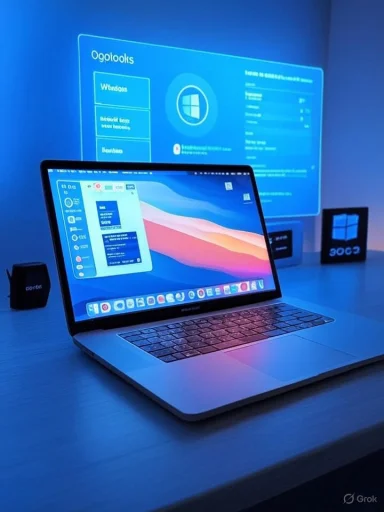 MacBook on a desk under blue ambient lighting with a blue holographic Windows UI projection.