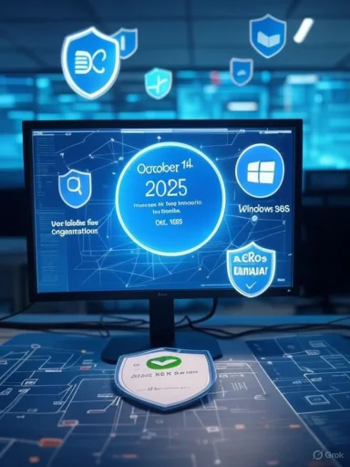Futuristic cybersecurity dashboard on a monitor, surrounded by blue shield icons.