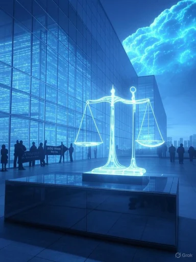 A neon-lit scales of justice sculpture glows outside a blue glass building.