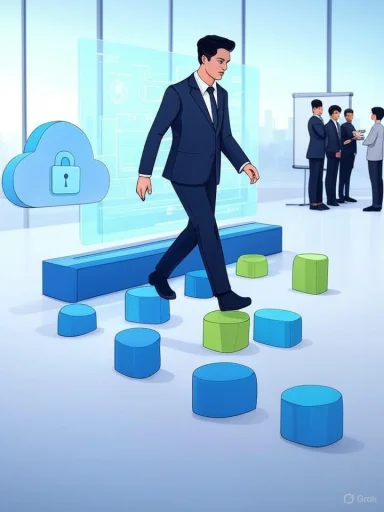 A businessman navigates stepping-stones toward a cloud security display in a futuristic office.