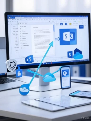 A desk setup showing cloud-based document collaboration across devices with security icons.