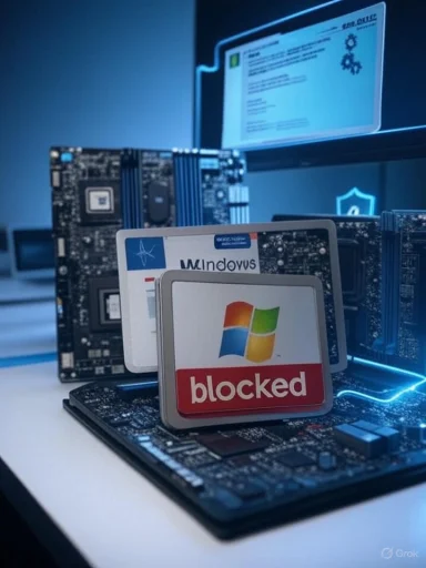 A high-tech hardware scene with circuit boards and a “blocked” Windows badge.