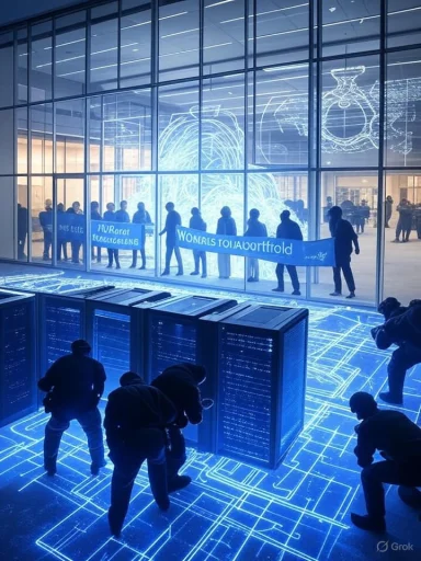 Crowd in a neon-blue futuristic data-center exhibit with glowing circuit-floor and glass walls.