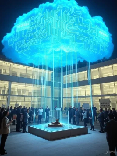 A glowing blue cloud with circuit patterns hovers above a pedestal as people watch.