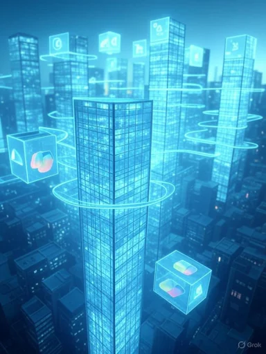 A neon-blue futuristic cityscape with tall glass skyscrapers and floating holographic icons.