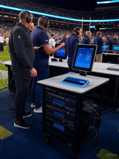 Football broadcast crew on the sideline with monitors and headsets.
